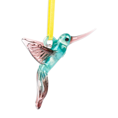 Recycled glass ornament, 'Cyan Paradise Hummingbird' - Handblown Recycled Glass Hummingbird Ornament in Cyan