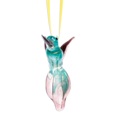Ornament aus wiederverwertetem Glas, 'Cyan Paradise Hummingbird - Kolibri' Ornament aus mundgeblasenem recyceltem Glas in Cyan