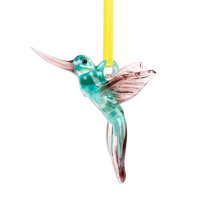 Recycled glass ornament, 'Cyan Paradise Hummingbird' - Handblown Recycled Glass Hummingbird Ornament in Cyan