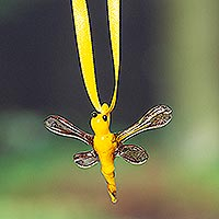 Recycled glass ornament, 'Goldenrod Transformation' - Handblown Recycled Glass Dragonfly Ornament in Goldenrod