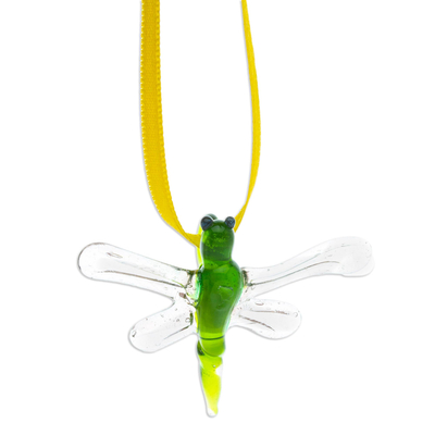 Adorno de vidrio reciclado - Adorno de libélula de vidrio reciclado soplado a mano en verde musgo
