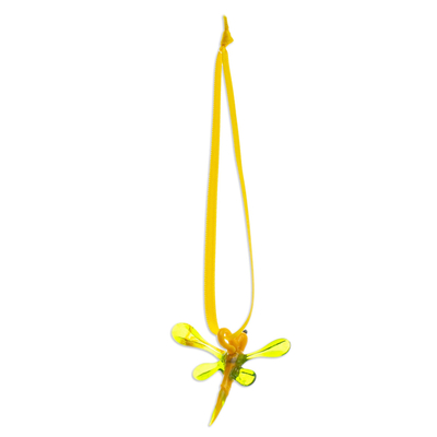 Recycled glass ornament, 'Yellow Transformation' - Handblown Recycled Glass Dragonfly Ornament in Yellow