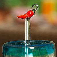 Agitador de cóctel de vidrio reciclado, 'Spicy Spirit' - Agitador de cóctel mexicano de vidrio reciclado con pimiento picante