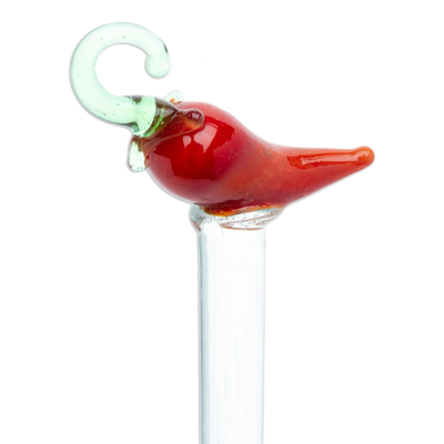 Recycled glass cocktail stirrer, 'Spicy Spirit' - Mexican Recycled Glass Cocktail Stirrer with Hot Pepper
