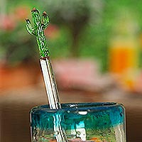 Recycled glass cocktail stirrer, 'Celebration Cactus' - Mexican Recycled Glass Cocktail Stirrer with Cactus