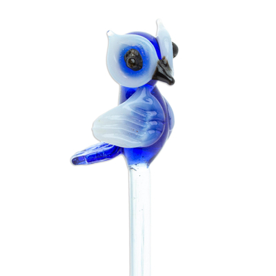Recycled glass cocktail stirrer, 'Cheeky Blue Owl' - Mexican Recycled Glass Cocktail Stirrer with Blue Owl