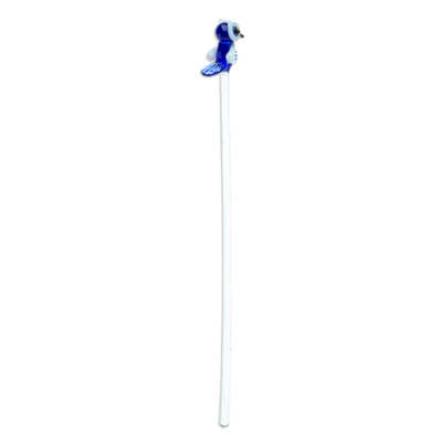 Recycled glass cocktail stirrer, 'Cheeky Blue Owl' - Mexican Recycled Glass Cocktail Stirrer with Blue Owl