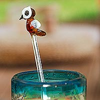 Recycled glass cocktail stirrer, 'Cheeky Brown Owl' - Mexican Recycled Glass Cocktail Stirrer with Brown Owl