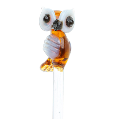 Recycled glass cocktail stirrer, 'Cheeky Brown Owl' - Mexican Recycled Glass Cocktail Stirrer with Brown Owl