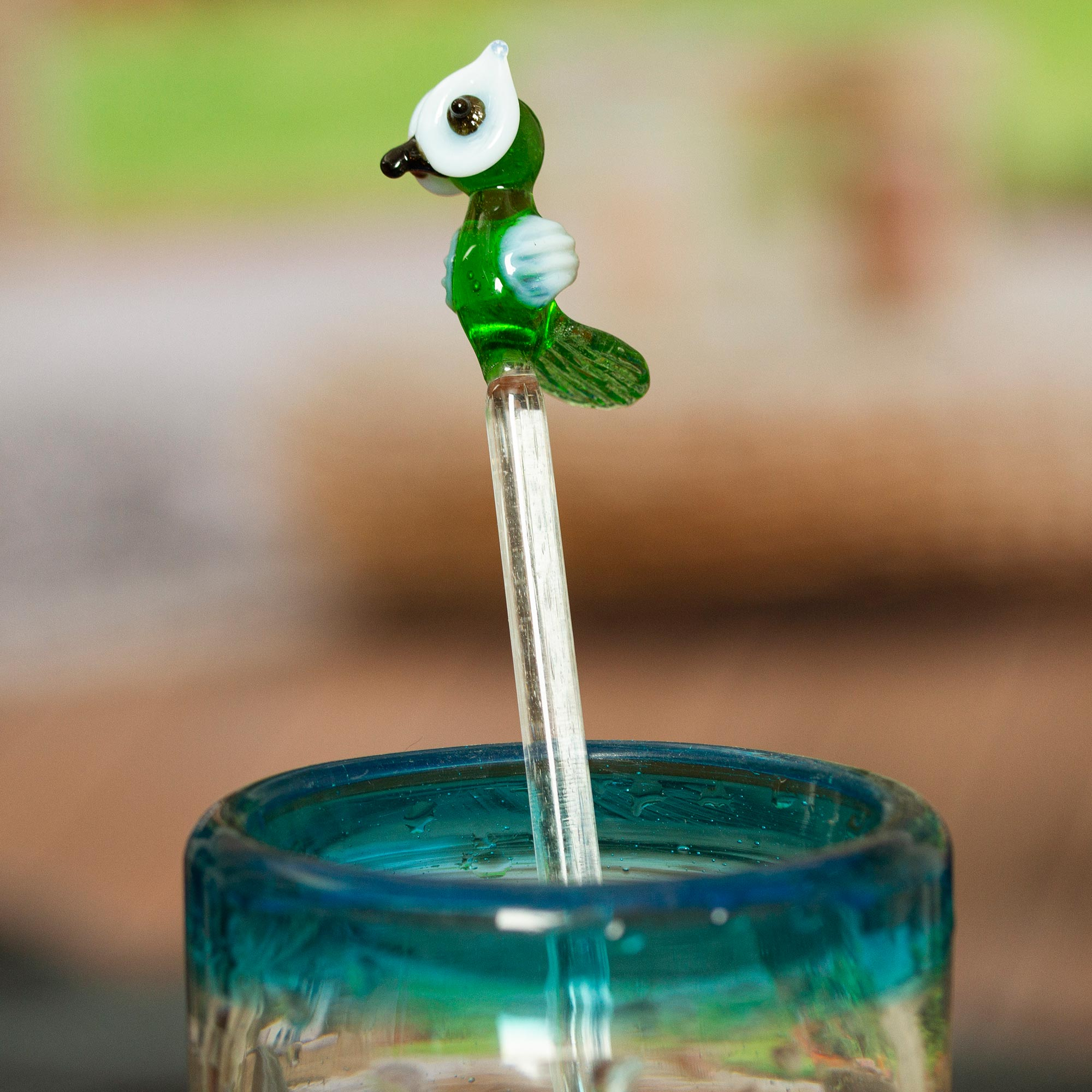Mexican Recycled Glass Cocktail Stirrer with Green Owl - Cheeky Green Owl
