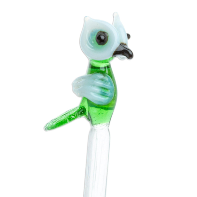 Recycled glass cocktail stirrer, 'Cheeky Green Owl' - Mexican Recycled Glass Cocktail Stirrer with Green Owl
