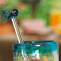 Recycled glass cocktail stirrer, 'Cheerful Blue Whale' - Mexican Recycled Glass Cocktail Stirrer with Blue Whale