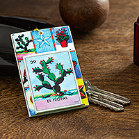 Decoupage wooden keychain, 'The Nopal' - Decoupage Wooden Keychain With Mexican Loteria Game Motif