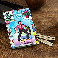 Decoupage wooden keychain, 'The Brave One' - Decoupage Wooden Keychain With Mexican Loteria Game Motif