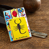 Decoupage wooden keychain, 'The Scorpion' - Decoupage Wooden Keychain With Mexican Loteria Game Motif