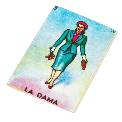 Decoupage wooden magnet, 'The Lady' - Decoupage Wooden Magnet With Mexican Loteria Card Motif