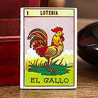 Decoupage-Holzmagnet, „Der Hahn“ – Decoupage-Holzmagnet mit mexikanischem Loteria-Kartenmotiv