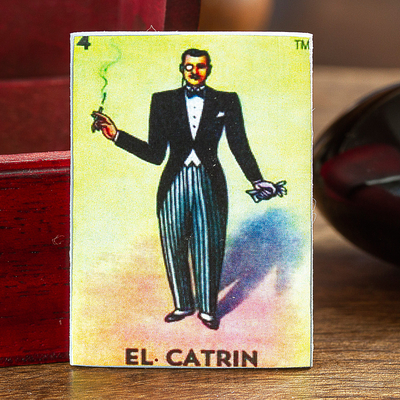 Decoupage wooden magnet, 'The Catrin' - Decoupage Wooden Magnet With Mexican Loteria Card Motif
