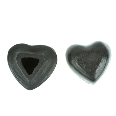 Barro negro mini jewelry box, 'Heart & Flakes' - Barro Negro Black Ceramic Mini Jewelry Box Crafted in Mexico