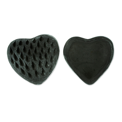 Barro negro mini jewelry box, 'Heart & Drops' - Barro Negro Black Ceramic Mini Jewelry Box Crafted in Mexico