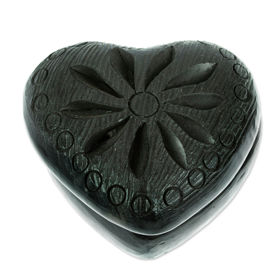 Barro negro mini jewelry box, 'Heart & Flower' - Barro Negro Black Ceramic Mini Jewelry Box Crafted in Mexico