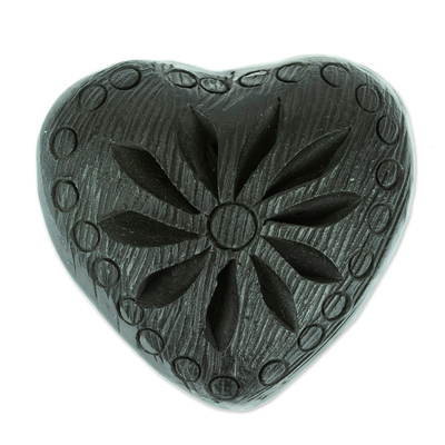 Barro negro mini jewellery box, 'Heart & Flower' - Barro Negro Black Ceramic Mini jewellery Box Crafted in Mexico