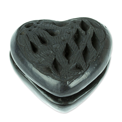 Barro negro mini jewelry box, 'Heart & Diamonds' - Barro Negro Black Ceramic Mini Jewelry Box Crafted in Mexico