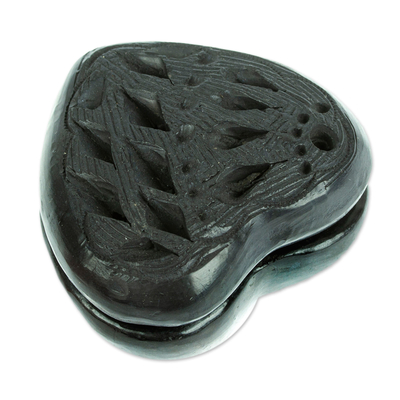 Barro negro mini jewelry box, 'Heart & Diamonds' - Barro Negro Black Ceramic Mini Jewelry Box Crafted in Mexico