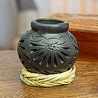 Barro negro decorative mini vase, 'Splendid Black' - Barro Negro Black Ceramic Decorative Mini Vase