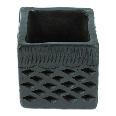 Barro negro mini flower pot, 'Square & Diamonds' - Mexican Handmade Barro Negro Black Ceramic Mini Flower Pot