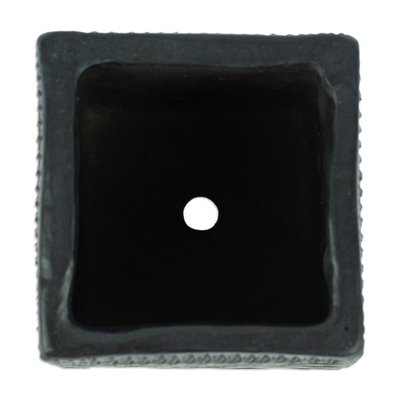 Barro negro mini flower pot, 'Square & Diamonds' - Mexican Handmade Barro Negro Black Ceramic Mini Flower Pot