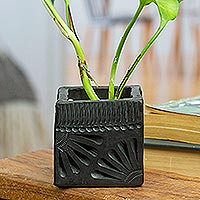 Barro negro mini flower pot, 'Square & Peacock' - Mexican Handmade Barro Negro Black Ceramic Mini Flower Pot