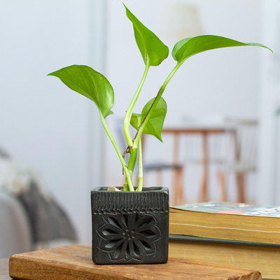 Barro negro mini flower pot, 'Square & Flower' - Barro Negro Black Ceramic Mini Flower Pot Handmade in Mexico