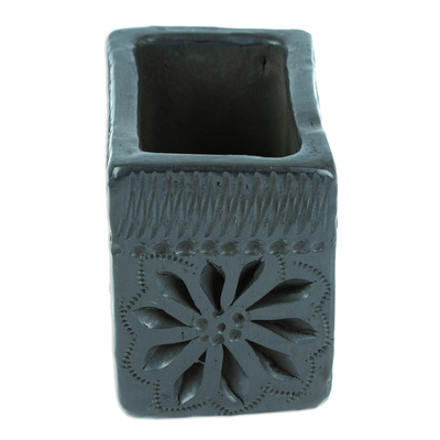 Barro negro mini flower pot, 'Square & Flower' - Barro Negro Black Ceramic Mini Flower Pot Handmade in Mexico