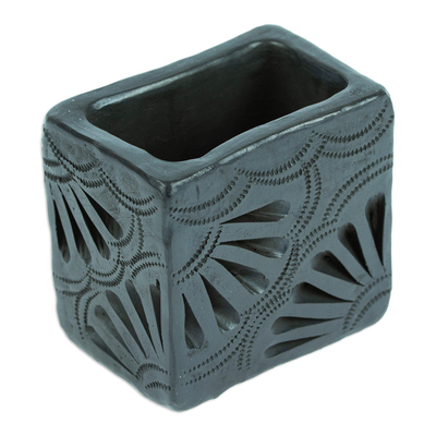 Barro negro mini flower pot, 'Square & Peacock Too' - Barro Negro Black Ceramic Mini Flower Pot Handmade in Mexico