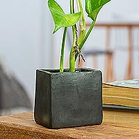 Barro negro mini flower pot, 'Square & Smooth' - Mexican Handmade Barro Negro Black Ceramic Mini Flower Pot
