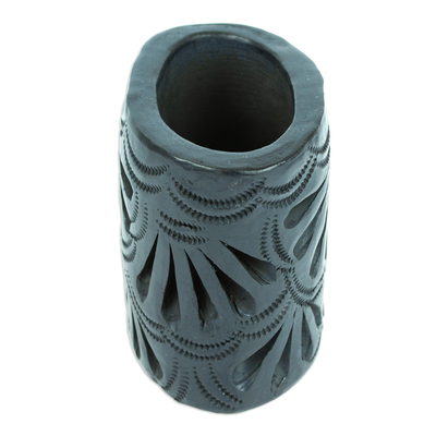 Barro negro mini flower pot, 'Oval & Peacock' - Mexican Handmade Barro Negro Black Ceramic Mini Flower Pot