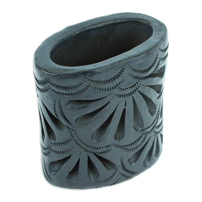 Barro negro mini flower pot, 'Oval & Peacock' - Mexican Handmade Barro Negro Black Ceramic Mini Flower Pot