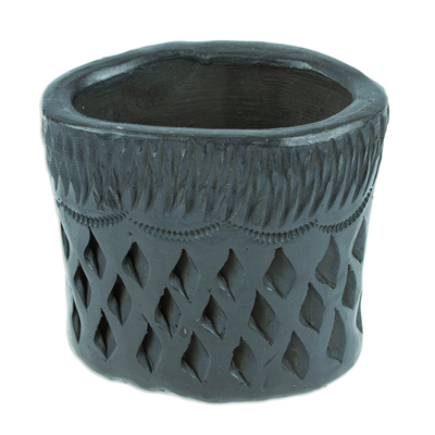 Barro negro mini flower pot, 'Oval & Diamonds' - Barro Negro Black Ceramic Mini Flower Pot Handmade in Mexico