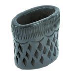 Barro negro mini flower pot, 'Oval & Diamonds' - Barro Negro Black Ceramic Mini Flower Pot Handmade in Mexico