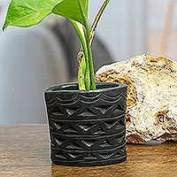 Barro negro mini flower pot, 'Oval & Half Diamonds' - Mexican Handmade Barro Negro Black Ceramic Mini Flower Pot
