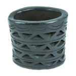 Barro negro mini flower pot, 'Oval & Half Diamonds' - Mexican Handmade Barro Negro Black Ceramic Mini Flower Pot