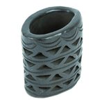 Barro negro mini flower pot, 'Oval & Half Diamonds' - Mexican Handmade Barro Negro Black Ceramic Mini Flower Pot