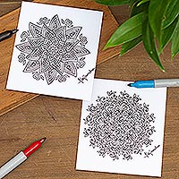 Coloring postcards, 'Oneiric Creativity' (Pair) - Pair of Mandala Coloring Postcards from Mexico