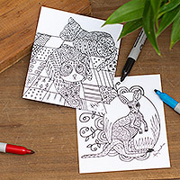 Coloring postcards, 'Merry Details' (Pair) - Mexican Animal Themed Coloring Postcards (Pair)