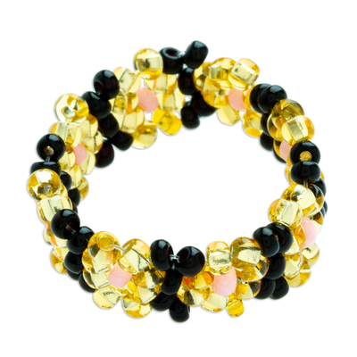 Glass Beaded Ring with Floral Motifs in Black and Honey