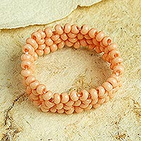 Glass beaded ring, 'Peach Enchantment' - Handcrafted Peach Glass Beaded Ring from Mexico