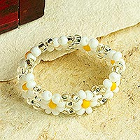 Glass beaded ring, 'Little Snow White Blooms' - Mexican Glass Beaded Ring with Snow White Flowers