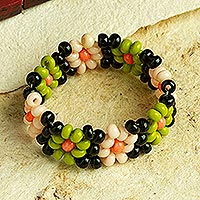 Glass beaded ring, 'Little Olive Blooms' - Mexican Glass Beaded Ring with Light Olive and Pink Flowers