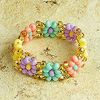 Glass beaded ring, 'Little Rainbow Blooms'